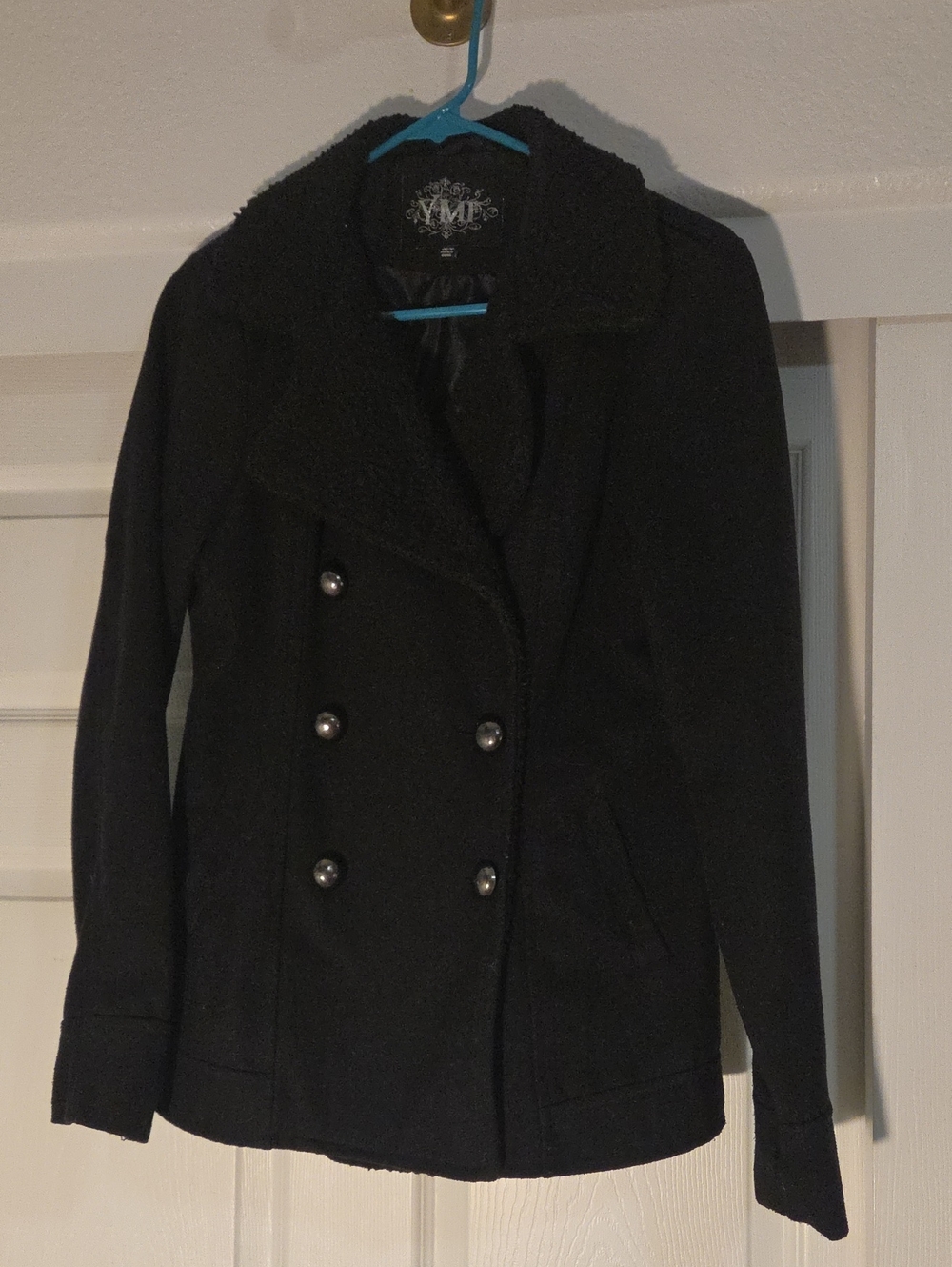 YMI Black Double-Breasted Pea Coat with Textured Collar